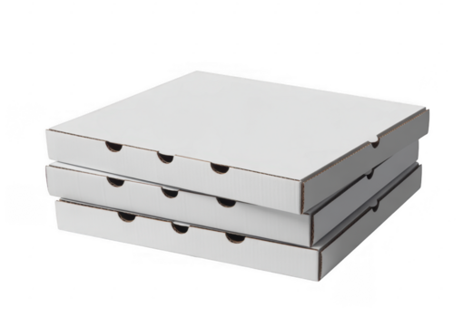 Stack of three white cardboard pizza boxes isolated on a transparent background - Powered by Adobe