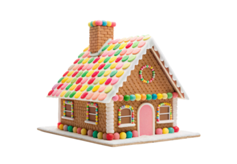 Colorful gingerbread house with candy decorations and chimney, isolated on a transparent background