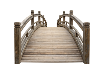 Weathered wooden bridge with curved arch and vertical railings, isolated on a transparent background