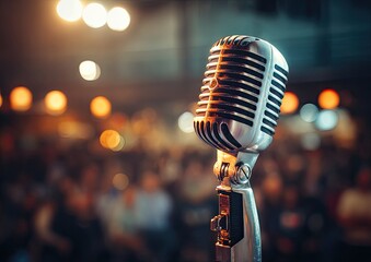 Close-up shot of a vintage, chrome microphone, illuminated on stage with soft bokeh background