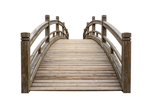 Weathered wooden bridge with curved arch and vertical railings, isolated on a transparent background