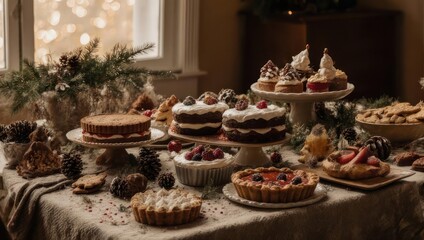 Fototapeta premium Festive Dessert Table with Cakes, Pies, and Cupcakes.