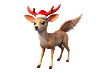 Cute winged reindeer wearing Santa hat with festive antlers, isolated on a transparent background
