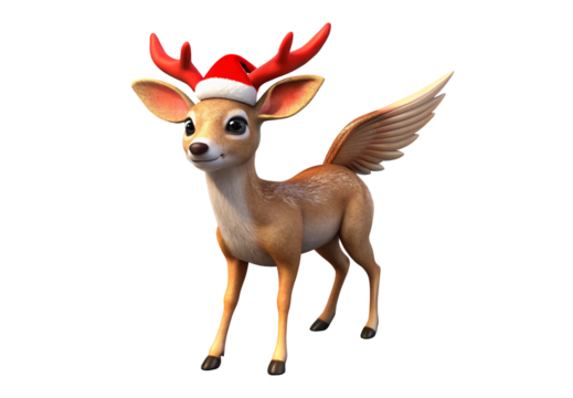 Cute winged reindeer wearing Santa hat with festive antlers, isolated on a transparent background - Powered by Adobe
