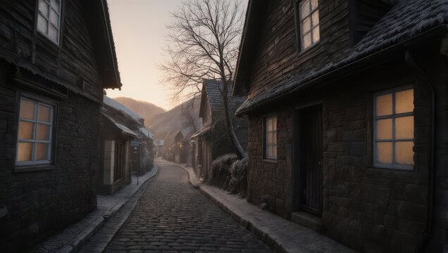 Old European Village Street at Dusk with Warmly Lit Windows.