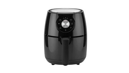 Modern black air fryer with digital control dial, healthy oil free cooking appliance isolated, kitchen gadget for home cooking concept  Isolated on transparent background, png.