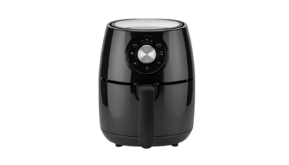 Modern black air fryer with digital control dial, healthy oil free cooking appliance isolated, kitchen gadget for home cooking concept  Isolated on transparent background, png.