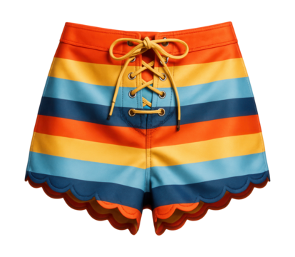 Striped swim shorts featuring a lace-up front and scalloped edges.