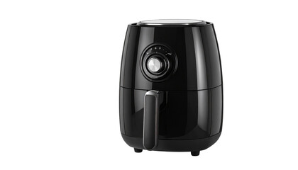 Modern black air fryer with digital control dial, healthy oil free cooking appliance isolated, kitchen gadget for home cooking concept  Isolated on transparent background, png.