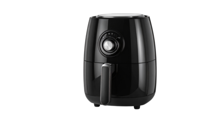 Modern black air fryer with digital control dial, healthy oil free cooking appliance isolated, kitchen gadget for home cooking concept  Isolated on transparent background, png.