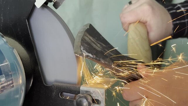 Skilled craftsman sharpens axe with precision, sparks fly as camera zooms in on action