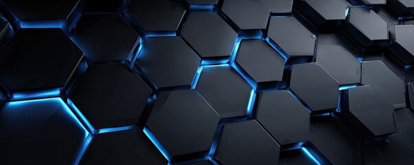 Abstract dark hexagonal pattern with vibrant blue glowing lines, 3D render