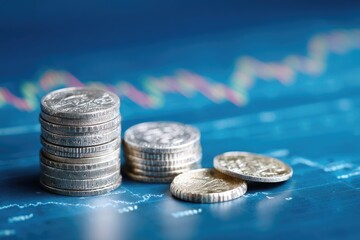 Stacks of silver coins with financial market indicators in the background