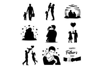 Collection of loving father and child silhouettes illustrating parental bonds and affectionate moments for family celebrations, paternity themes, and Father's Day