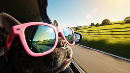 Funny French Bulldog wearing pink sunglasses sticking head out of car window on sunny day. Joyful pet travel concept for summer vacations and road trips themes.