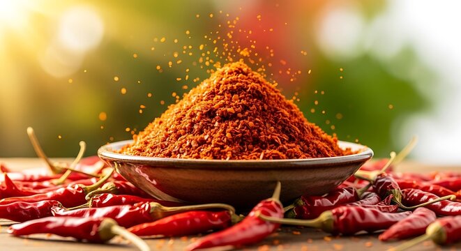 A pyramid of vibrant red chili powder spills from a rustic bowl surrounded by dried peppers - Powered by Adobe