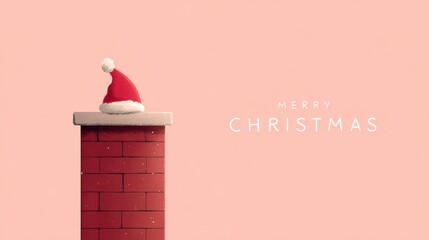 Christmas chimney with Santa hat and Merry Christmas text on a pink background