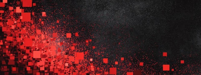 Abstract, dark textured background with scattered red squares and dots fading into space