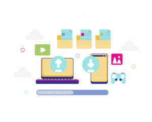 Illustration of cloud-based file transfer showing upload and download between a laptop and smartphone, with folders, media icons, and a progress bar in a modern flat design.