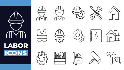 Naklejka premium Labor Safety and Construction Tools Outline Icons – Worker Protection, Engineering, and Industrial Equipment Vector
