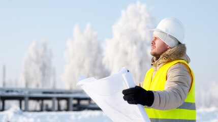 Construction worker in winter gear examining blueprints amidst snowy landscape and trees