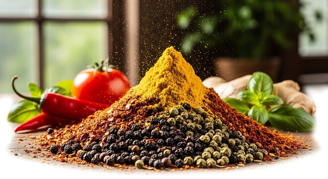 Vibrant pyramid of colorful spices and fresh ingredients on a wooden surface