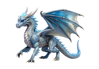 Ice dragon with blue scales, crystalline wings, horns, frosted details, majestic, isolated on transparent background