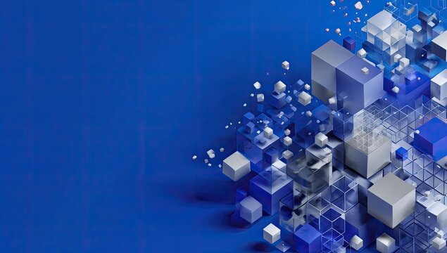 A collection of abstract geometric cubes in varying shades of blue against a solid blue backdrop