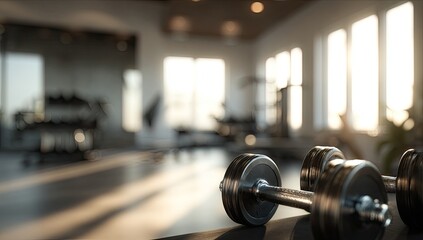 A bright, airy gym interior with dumbbells in sharp focus. Sunlight streams through windows