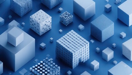 Abstract blue background showing various sizes and textured cubes in an isometric layout