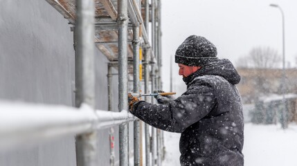 Worker painting a wall during a snowstorm, surrounded by scaffolding and a snowy urban landscape