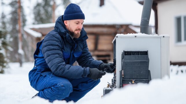Technician repairing heating unit in snowy landscape near wooden cabin, ensuring warmth during winter