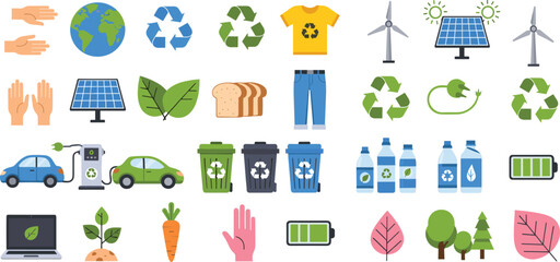 Eco, green, sustainability, environment, icons, recycle, energy, nature, conservation, earth, solar, wind, plant, leaf, car, battery, trash, water, technology, climate