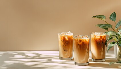 Three tall iced beverages sit on a neutral table next to a potted plant, shadow play present