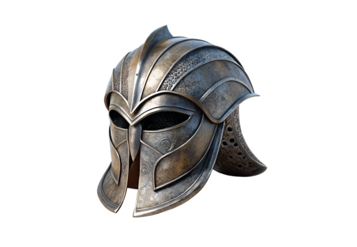 Ornate bronze warrior helmet with curved plume and decorative metalwork details, isolated on a transparent background