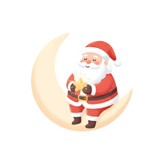 Santa Claus Sitting on a Crescent Moon Holding a Star PNG &ndash; Magical Christmas Sticker Illustration