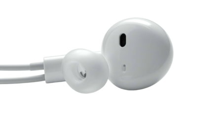 White earbuds, angled view, showcasing sleek design and cable