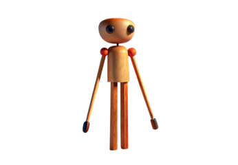 Simple wooden figure with cylindrical body and spherical joints, isolated on a transparent background