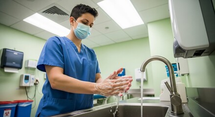 Medical professional washing hands at sink before patient examination