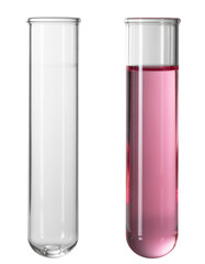 Two glass test tubes one empty and one filled with pink liquid isolated on a transparent background