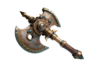 Ornate battle axe with blue gemstones and weathered bronze metal finish, isolated on a transparent background