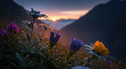 Dew-Kissed Alpine Flowers Bathed in Golden Sunrise Light Over Majestic Mountains