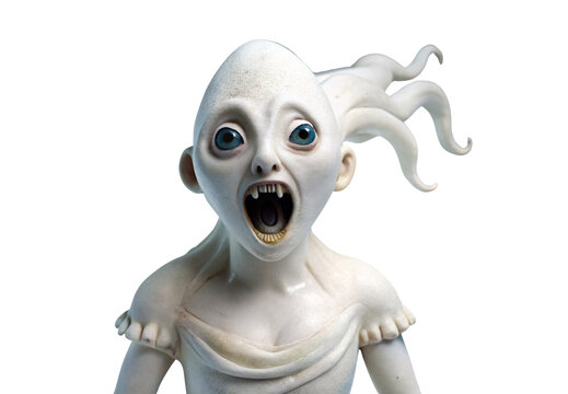 Pale creature with tentacle hair and wide open mouth showing teeth, isolated on a transparent background - Powered by Adobe