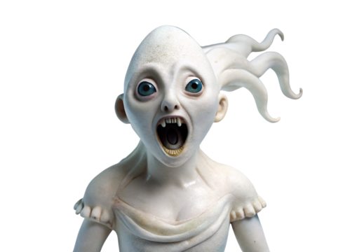 Pale creature with tentacle hair and wide open mouth showing teeth, isolated on a transparent background