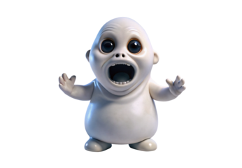 Cartoon ghost character with large eyes and open mouth expressing surprise, isolated on a transparent background