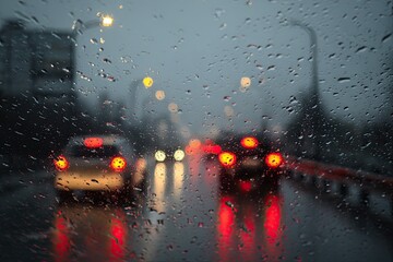 Raindrops on window create a blurred view of traffic, with lights glowing dimly