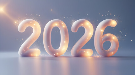 &ldquo;2026&rdquo; floating 3D typography, soft ambient glow, dreamy lighting, elegant sparkling particles, smooth minimal background, commercial stock aesthetic, perfect for greeting cards and banners 
