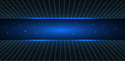 Retro blue Sci-Fi Background Futuristic Grid landscape of the 80`s