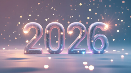 &ldquo;2026&rdquo; floating 3D typography, soft ambient glow, dreamy lighting, elegant sparkling particles, smooth minimal background, commercial stock aesthetic, perfect for greeting cards and banners 