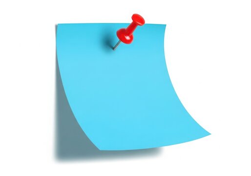 Blue sticky note pinned a red thumbtack, isolated on white background